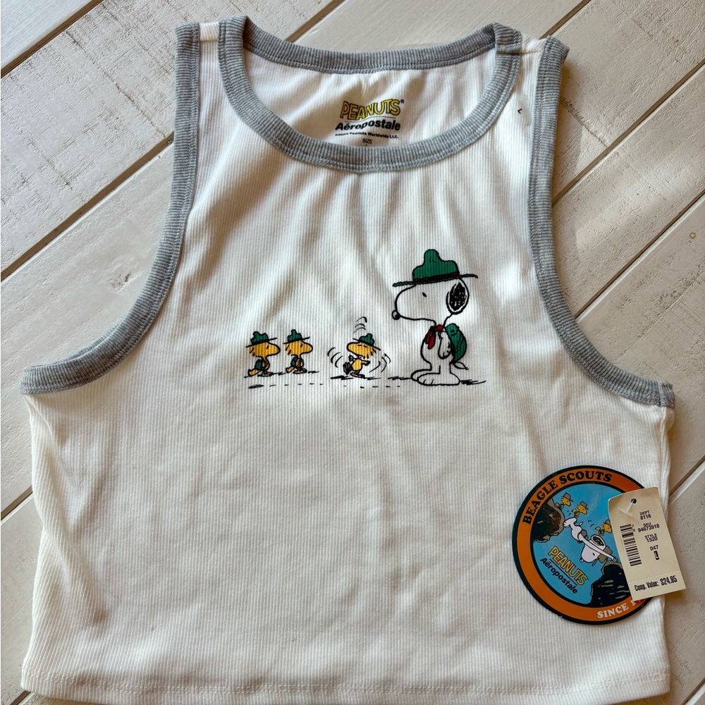 Aeropostale Peanuts Camp Snoopy White and Gray Cropped Tank Top NWT